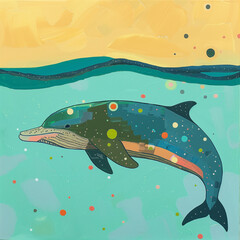Funny card for birthday. Portrait of dolphin on bright background - 764298919