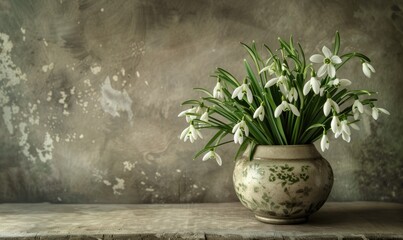 Snowdrops bouquet in a vintage vase