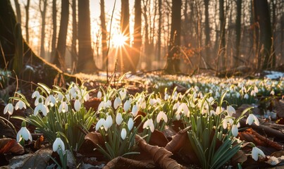 Snowdrops in a forest clearing, spring nature background