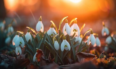 Snowdrops in a garden at golden hour, spring flowers background - obrazy, fototapety, plakaty