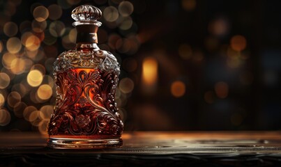 Studio shot of a premium glass bottle mockup containing a luxurious handcrafted whiskey, warm amber hue