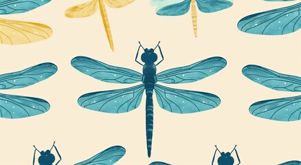 Seamless pattern with flat illustration of dragonfly, minimalism