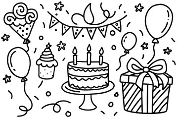 Set of party doodle. Sketch of Birthday decoration, gift box, cake, party hats in sketch style. Hand drawn vector illustration isolated on white background