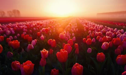 Fototapeten Tulip field at sunrise, tulip background © TheoTheWizard