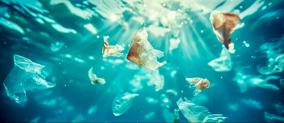 Plastic bags floating in ocean illustrating environmental issue