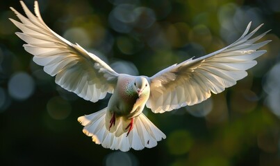 White pigeon with outstretched wings captured in mid-flight