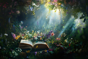 An old book is open from the pages of which flowers sprout in a fairy-tale wild forest. Concept of knowledge, natural medicine, religion.