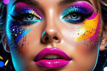 a close up of a woman with colorful makeup, digital art