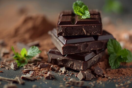 Dark chocolate stacked with mint leaves and cocoa powder