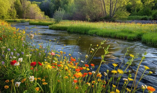 Wildflowers blooming along the shores of a meandering spring river