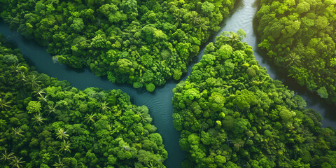 Aerial view of forest river amidst lush greenery and trees.