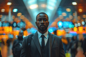 In a busy airport terminal, a man in a stylish suit stands out from the throngs of travelers. business travel
