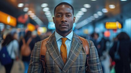 In a busy airport terminal, a man in a stylish suit stands out from the throngs of travelers. business travel - obrazy, fototapety, plakaty
