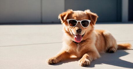 A dog wearing sunglasses is seated on the ground.