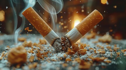 Quitting smoking - finger hand crushing cigarette, anti smoke program. - obrazy, fototapety, plakaty