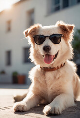 A dog wearing sunglasses is seated on the ground.