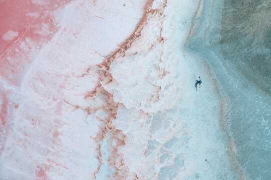 Aerial view on pink water Saline Aigues Mortes, Camargue France