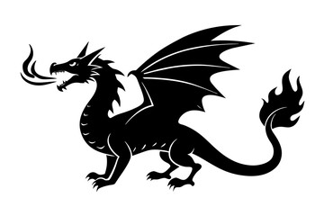 fire spitting dragon silhouette vector illustration - obrazy, fototapety, plakaty