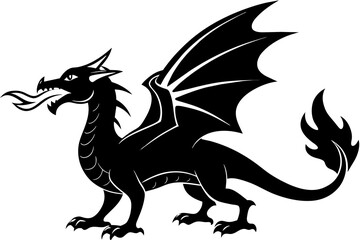 fire spitting dragon silhouette vector illustration - obrazy, fototapety, plakaty
