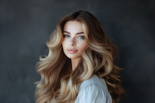 Woman With Balayage Hair On dark gray Background. Concept Portrait Photography, Hairstyle Inspiration, Fashion Editorial, Creative Lighting, Dark and Moody Theme