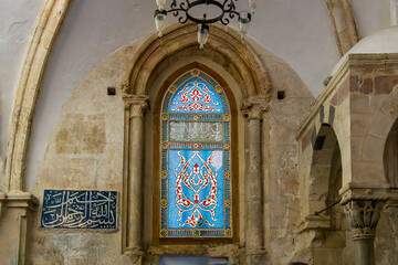 Aqua blue stained glass window in the Cenacle, or upper room of King David's Tomb, said to be the...