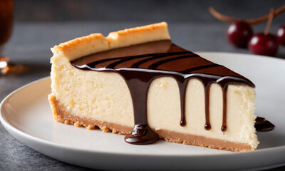 A piece of cheesecake topped with decadent chocolate sauce served on a pristine white plate.