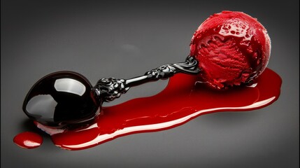 a spoon with a red liquid pouring out of it to a black spoon with a red liquid pouring out of it. - obrazy, fototapety, plakaty