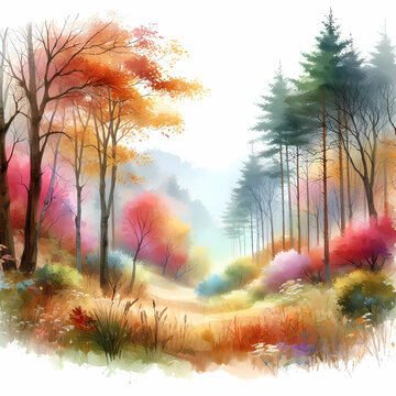 watercolor painting of fall colored tree, fall landscape painting