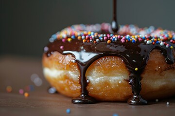 Delectable chocolate glazed donut with colorful sprinkles close-up
