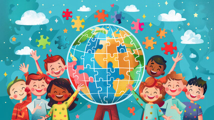 Children all over the planet greet with a hand gesture, standing at the globe of puzzles. An illustration on the topic of awareness about autism