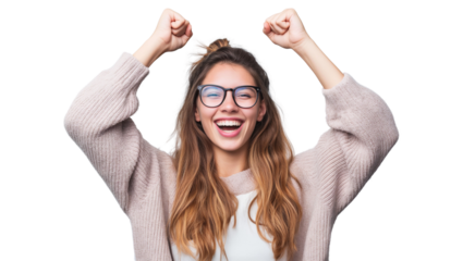 Beautiful young woman wearing glasses celebrating victory. transparent isolated background