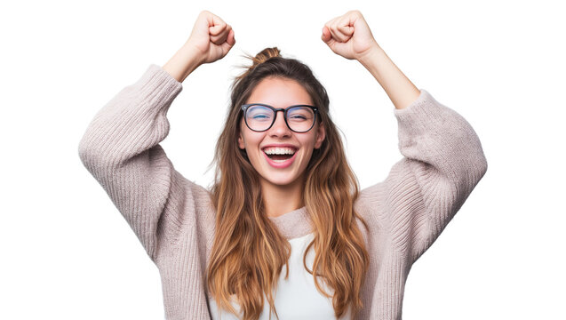 Beautiful young woman wearing glasses celebrating victory. transparent isolated background 