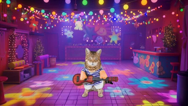 Cat playing guitar on a colorful stage. seamless looping 4k time-lapse video background