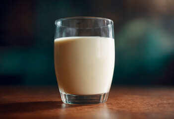 A glass filled with milk stands on a wooden table.