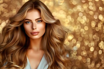 Woman With Balayage Hair On gold Background. Concept Fashion Photography, Portrait with Balayage, Blonde Hair Inspiration, Bold Background, Glamorous Pose - obrazy, fototapety, plakaty