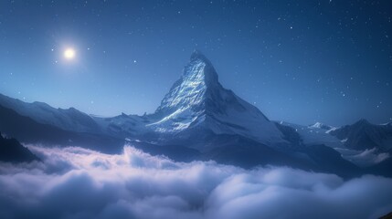 Moonlit Mountain Shrouded in Clouds