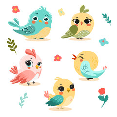 Naklejka premium Pattern birds brightly colored with big eyes. On light background for postcards, banners. Vector illustration.