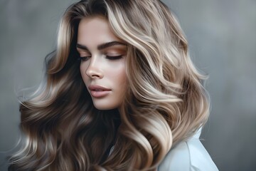 Woman With Balayage Hair On silver Background. Concept Hair Color Trends, Beauty Photoshoot, Silver...