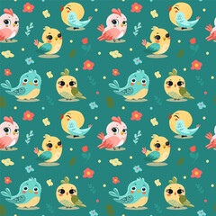 Pattern birds brightly colored with big eyes. On light background for postcards, banners. Vector illustration.