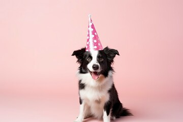 Happy Birthday party concept. Funny cute puppy dog border collie wearing birthday silly hat and eyeglasses isolated on white background. Pet dog on Birthday day and copy space - generative ai