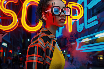 Obraz premium A woman wearing glasses stands in front of a vibrant neon sign.