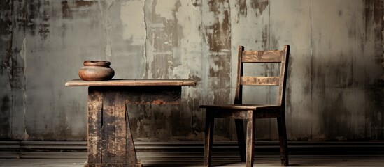 There is a wooden table with a vase on it and a chair adjacent to it
