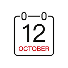 October 12 date on the calendar, vector line stroke icon for user interface. Calendar with date, vector illustration.