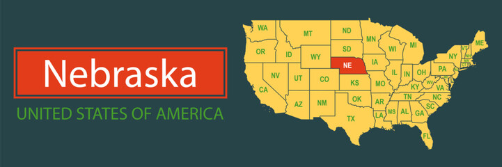 Banner, highlighting the boundaries of the state of Nebraska on the map of the United States of America. Vector map borders of the USA Nebraska state.