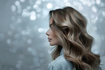Woman With Balayage Hairstyle Against Silver Background. Concept Fashion, Hairstyle, Balayage,...