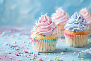 Tasty cupcakes with butter cream and sprinkles on blue background - obrazy, fototapety, plakaty