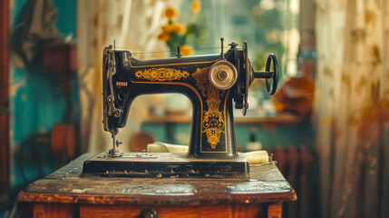 Vintage sewing machine on wooden table