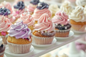 Colorful cupcakes with butter cream and sprinkles on cake stand - obrazy, fototapety, plakaty