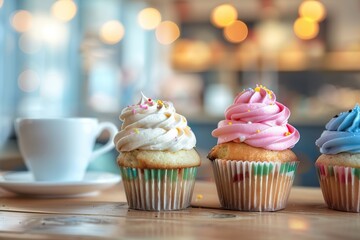 Tasty cupcakes with butter cream and sprinkles on blurred cafe background - obrazy, fototapety, plakaty