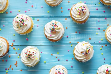 Flat lay of tasty cupcakes with butter cream and sprinkles on wooden table - obrazy, fototapety, plakaty